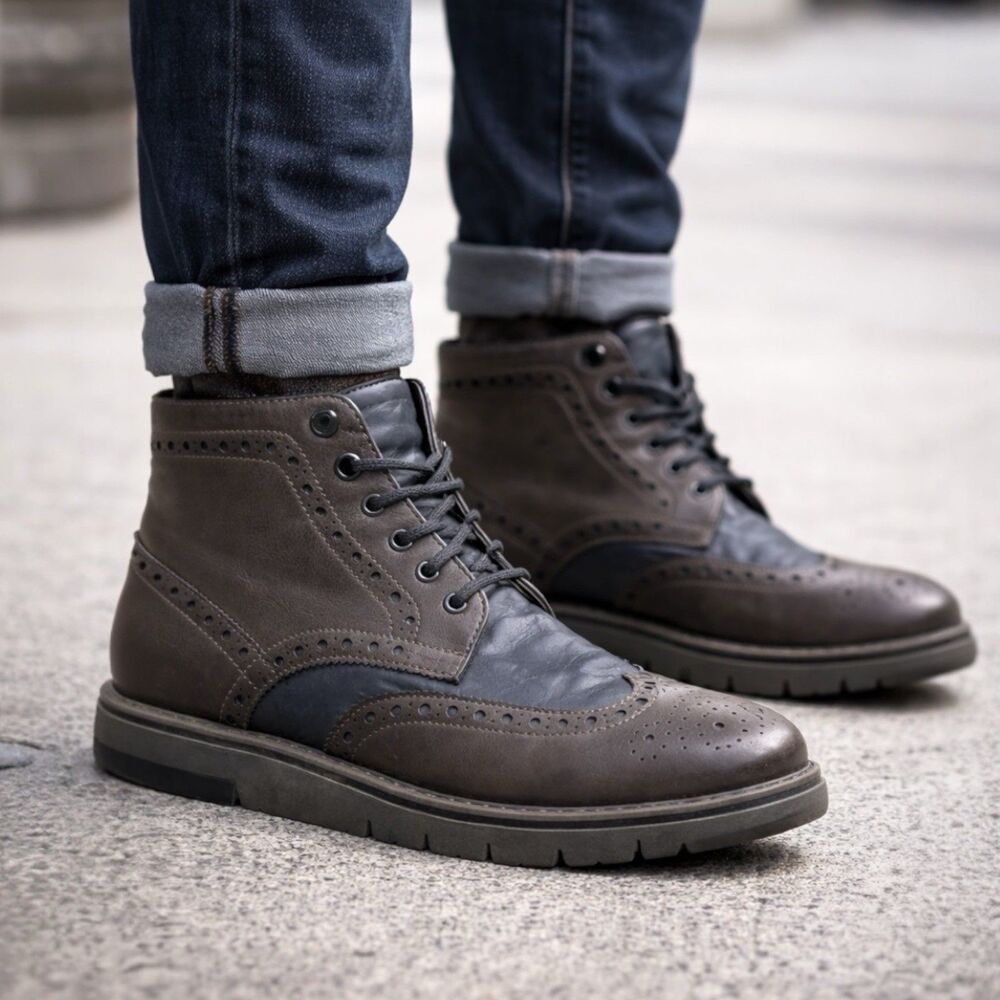 Steve Madden Ankle Boots Mens 9.5 Gray Leather Lace Up Brogue‎ Minimalist Botine